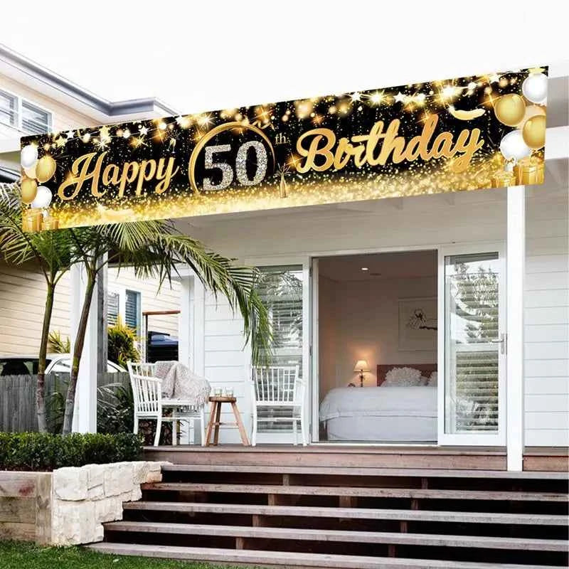 Black Gold Happy Birthday Banner Balloon Flag Adult 30th 40th 50th 60th Birthday Party Decoration Supplies Bunting Anniversary