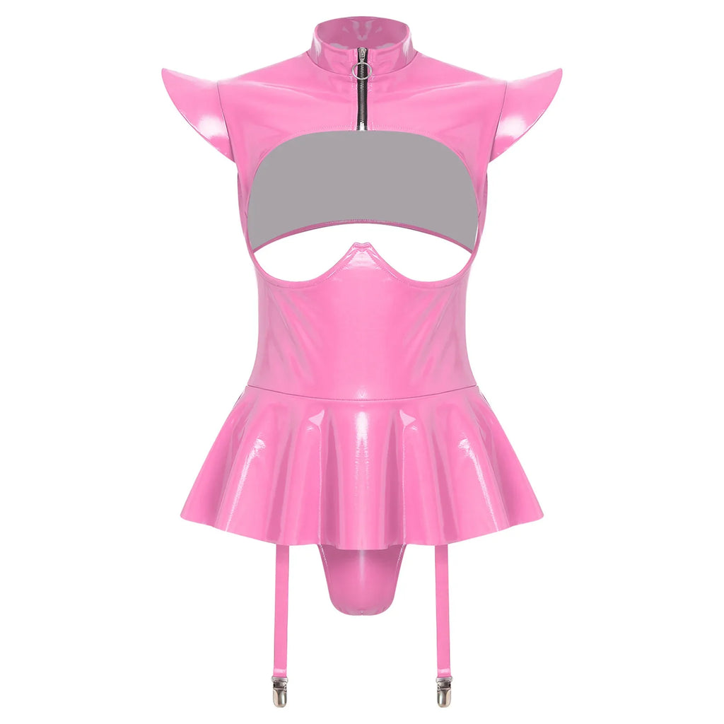 Glossy Wet-Look Halter Romper Bodysuit with Flared Skirt Hem & Integrated Garters