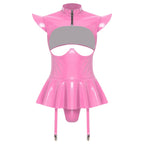 Glossy Wet-Look Halter Romper Bodysuit with Flared Skirt Hem & Integrated Garters