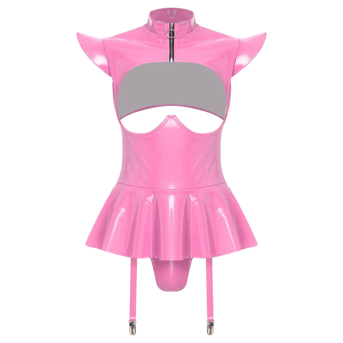 Glossy Wet-Look Halter Romper Bodysuit with Flared Skirt Hem & Integrated Garters