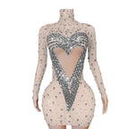 Crystal Rhinestone Mesh Long Sleeve Vintage Inspired Dress with Sequins and Skirt