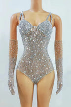Silver Rhinestone Mesh Showgirl Bodysuit with Matching Crystal Gloves – Glamour Stage Performance Costume Set