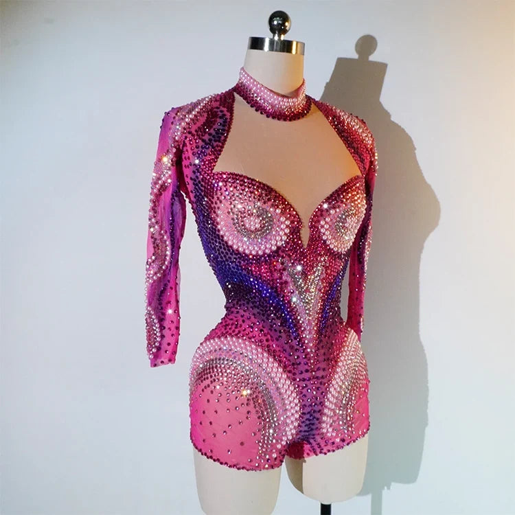 Luxury Pink Rhinestone long sleeve bodysuit Dancer Stage Wear Perform Show Girl Sheer Drag Queen Outfit Bar Nightclub