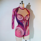 Luxury Pink Rhinestone long sleeve bodysuit Dancer Stage Wear Perform Show Girl Sheer Drag Queen Outfit Bar Nightclub