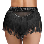 Rhinestone Tassel High-Waist Dance Shorts & Sheer Mesh Fringe Skirt
