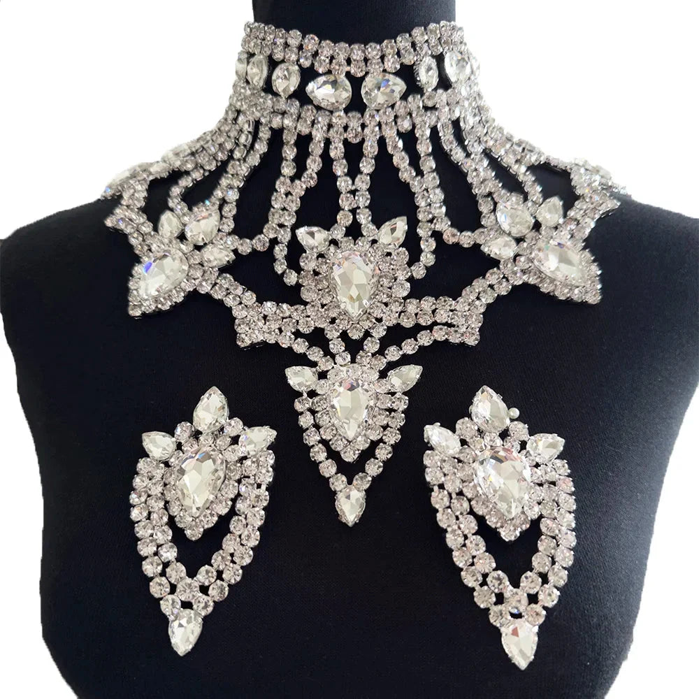 Oversized Glass Gemstone Choker Necklace & Earrings Drag Queen Stage Jewelry Set
