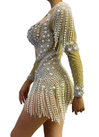 The Stardust Diamond Cutout Bodysuit – Luxury Rhinestone & Pearl Fringe Showgirl Costume