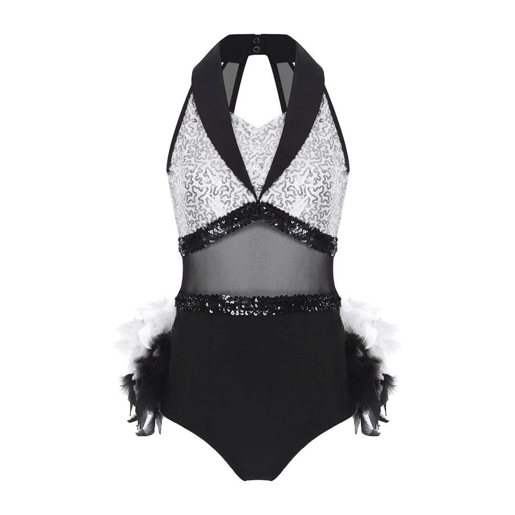 Women's Shiny Sequin Sheer Mesh Feather Latin Jazz Dance Bodysuit