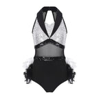 Women's Shiny Sequin Sheer Mesh Feather Latin Jazz Dance Bodysuit