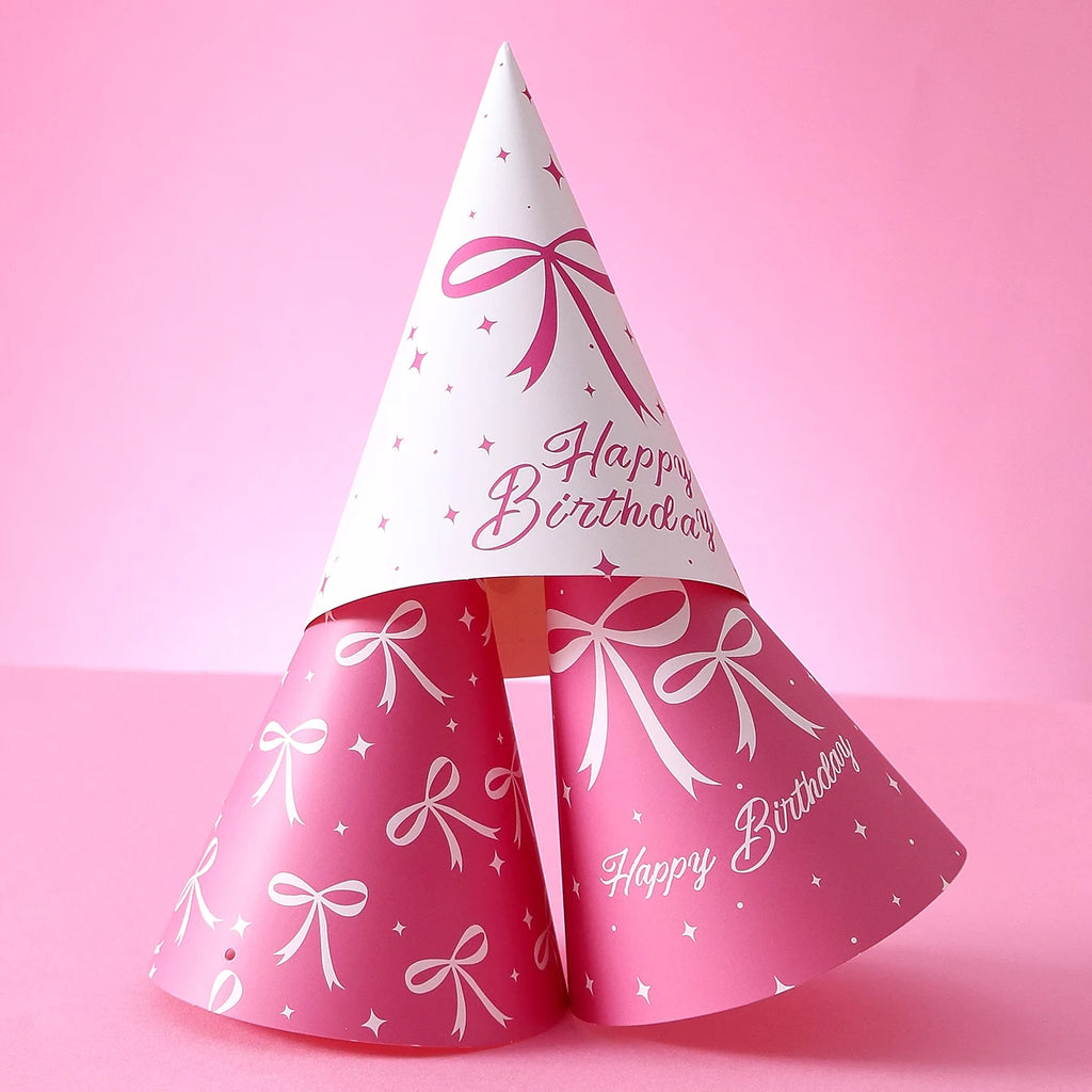 6 Pink Bow-Themed Party Paper Hats, Cute and Beautiful Pink Bow Designs, Suitable for Birthday Parties, Gender Reveal Parties, Birthday Gifts, Pink Bow Decoration Birthday Hats, Baby Party Photography Props, Party Favors, Gen - Big Tim's Magic Emporium