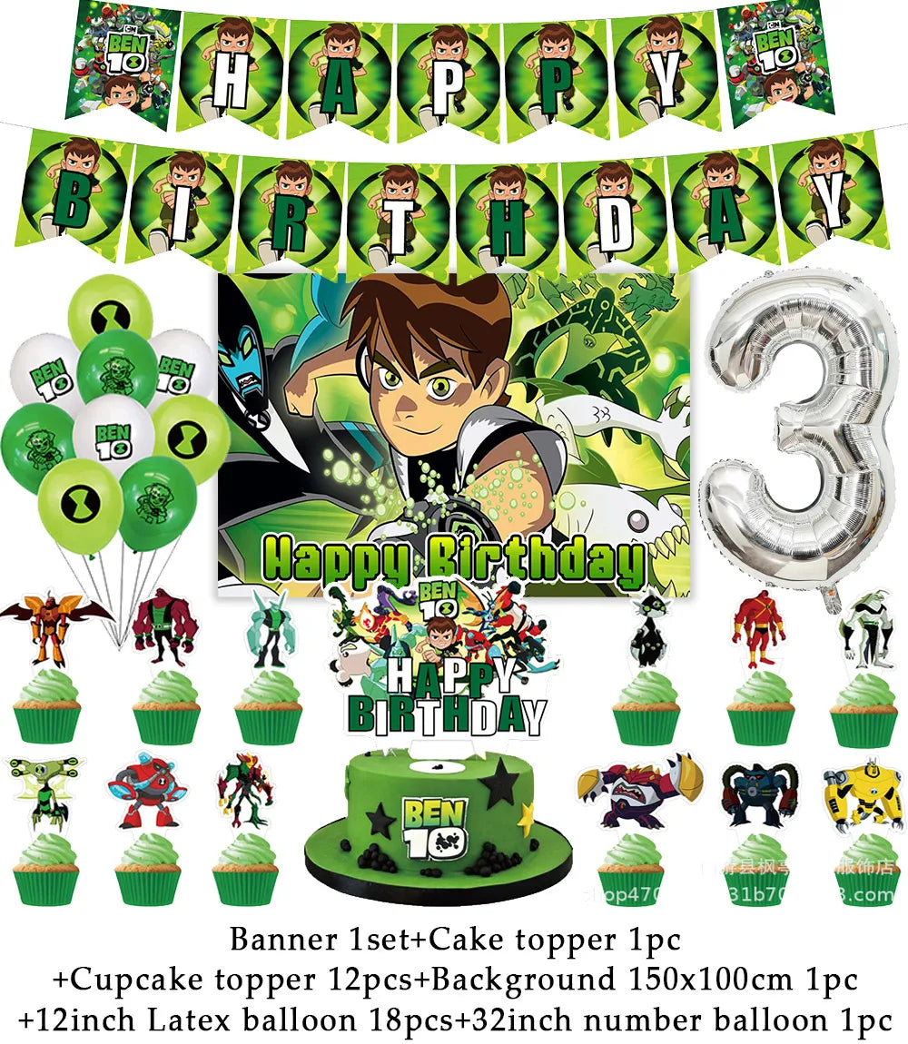 Cartoon Ben-10 Birthday Party Decoration Balloons Favor Set Banner Cake Toppers Baby Shower Boys Gift Party Supplies Photo Prop