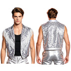 Men's Metallic Sequin Tassel Open-Front Vest Lapel Collar Sleeveless Stage Dance Waistcoat