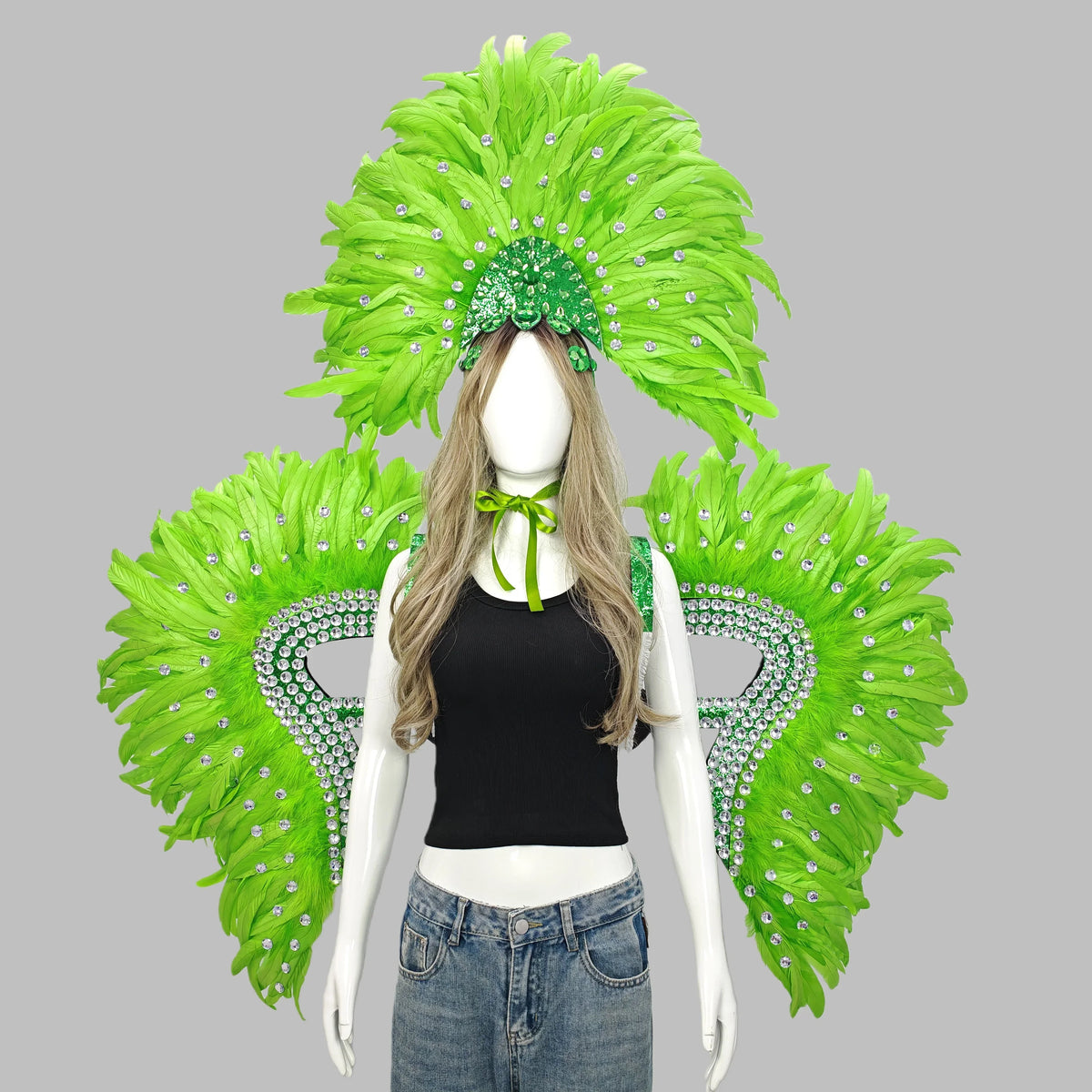 Carnival Elegant Ladies Feather Headdress Wings Two-Piece Role Play Catwalk Halloween Masquerade Carnival Party Suit
