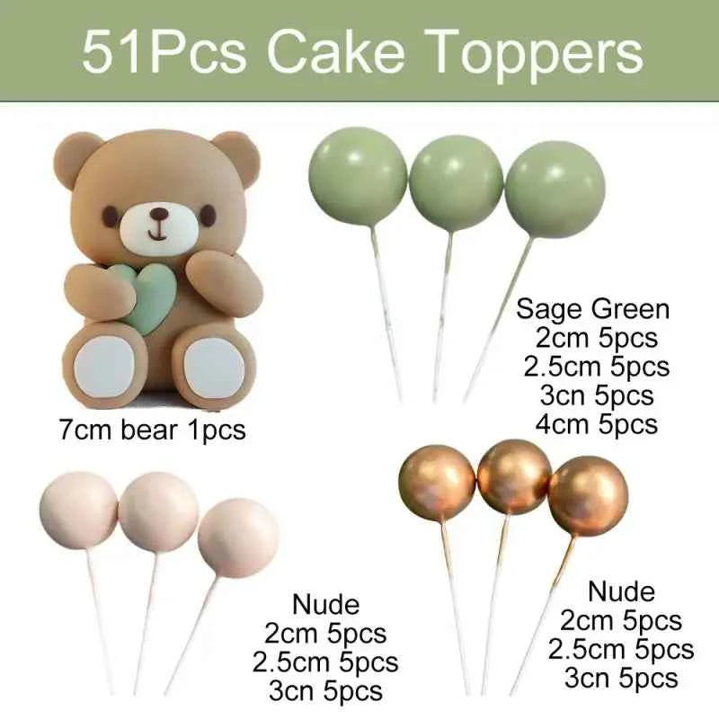 51Pcs Bear Cake Toppers Gold Green Cake Topper Balls for Happy Birthday  Decoration Baby Shower Baptism Birthday Party supplies