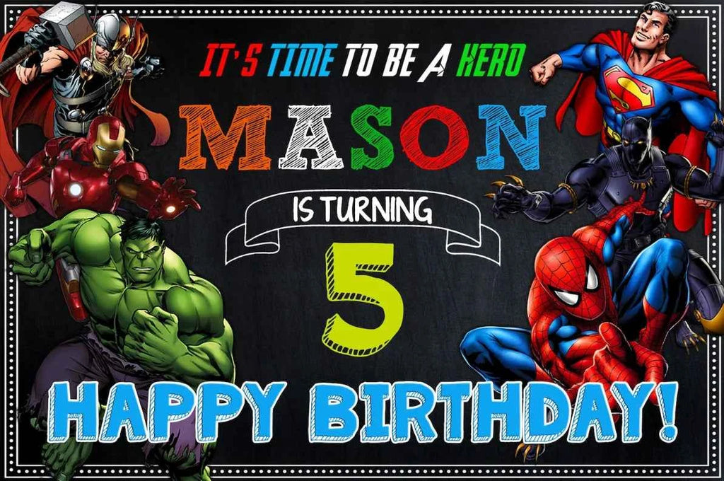 Customized Photography Studio Props Cartoon Superhero City Background Fecoration Children's Happy Birthday Outdoor Party Banner