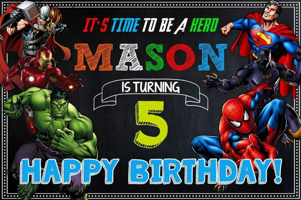 Customized Photography Studio Props Cartoon Superhero City Background Fecoration Children's Happy Birthday Outdoor Party Banner