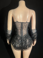 Sparkly Black Sequin & Rhinestone Tassel Bodysuit with Gloves Stage Costume