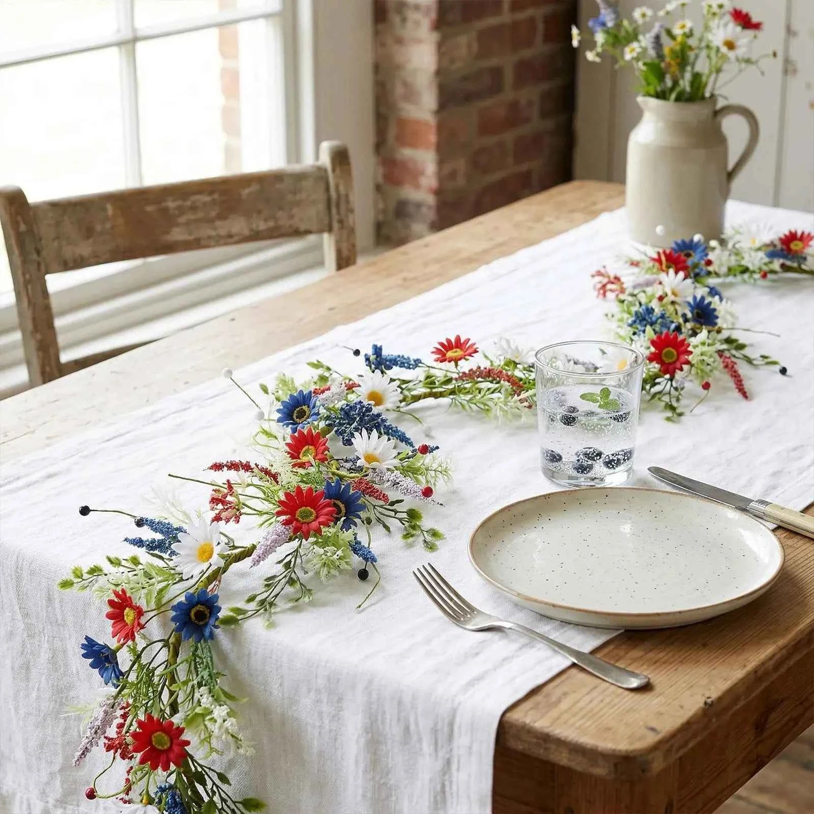 4th July Wreath 4 9Ft Red White Blue Daisy Garland Patriotic Decor for Independence Day Memorial Day Front Door Porch Party