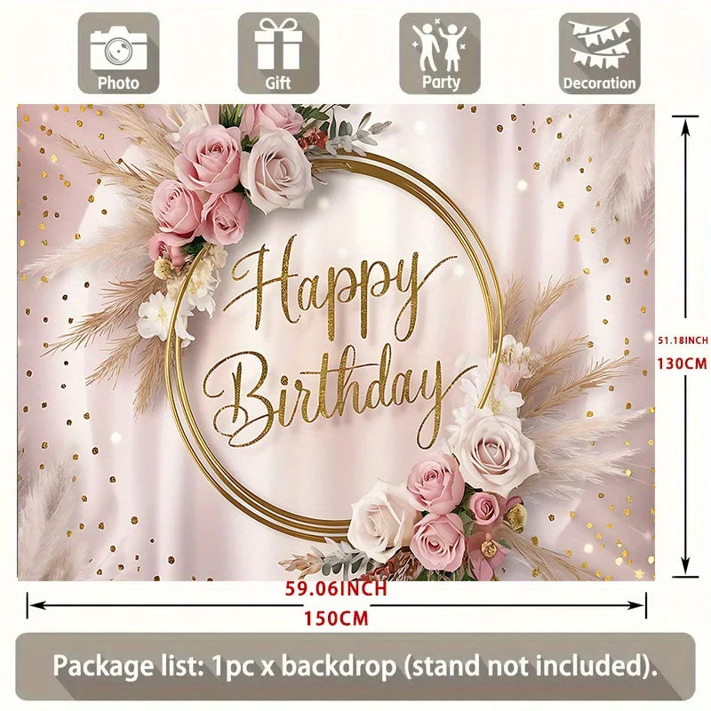 Happy Birthday Party Banner | Multi colored background with floral and gold glitter accents | Elegant Pink