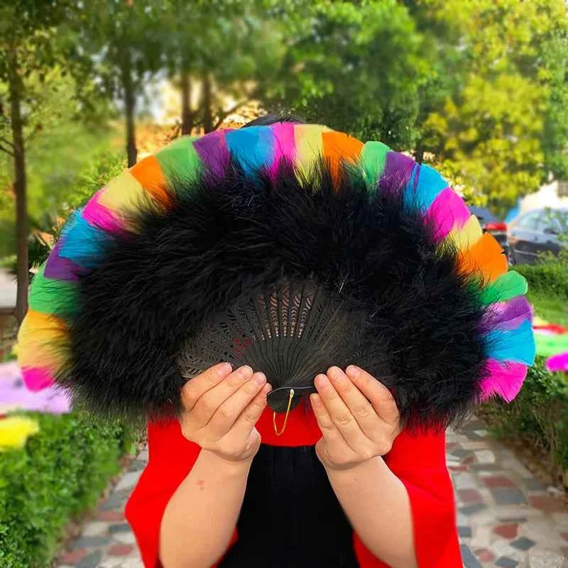 Rainbow Feather Folding Fan Stage Performance Dance Fan Lolita Feather Fan Photography Props Gifts Wedding Party Decoration