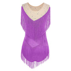 Sparkly Rhinestone & Tassel Fringe Latin Dance Leotard Crew Neck Bodysuit