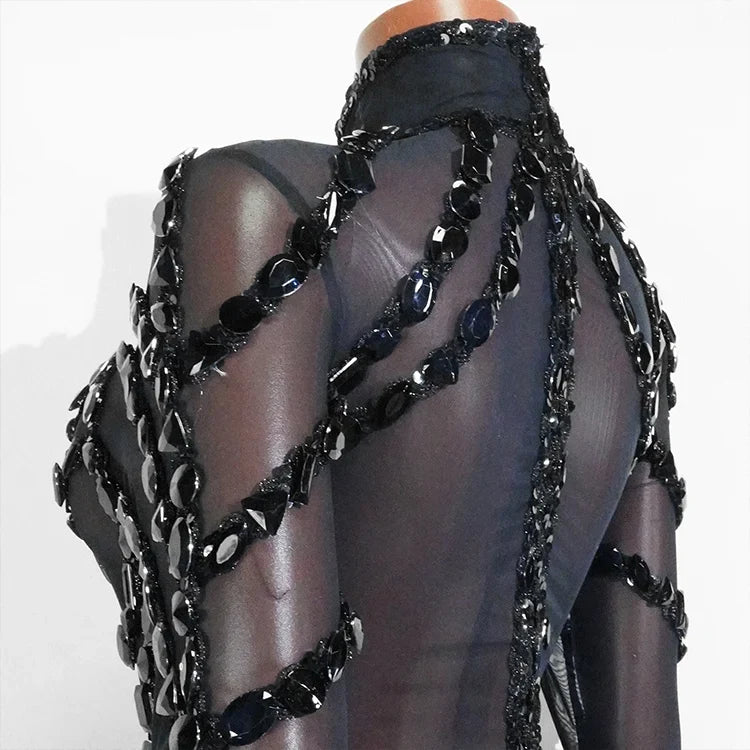 Rhinestone Mesh Jumpsuit Costume Set