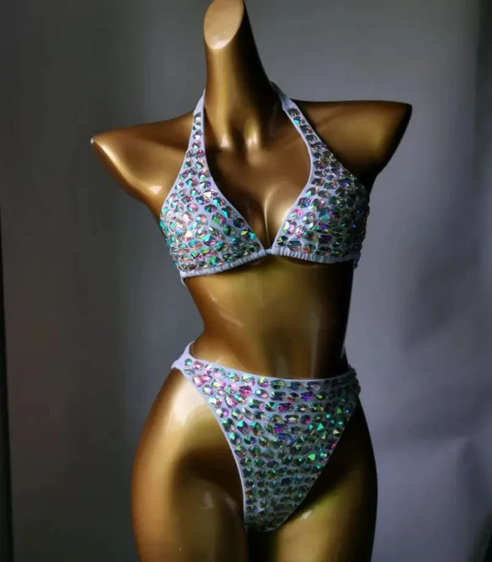 Nightclub Bar Sexy Disco Pole Dance Crystal Bikini Costume DJ Dancer Club Party Rave Outfit Pink Rhinestones Bra Set Stage Wear