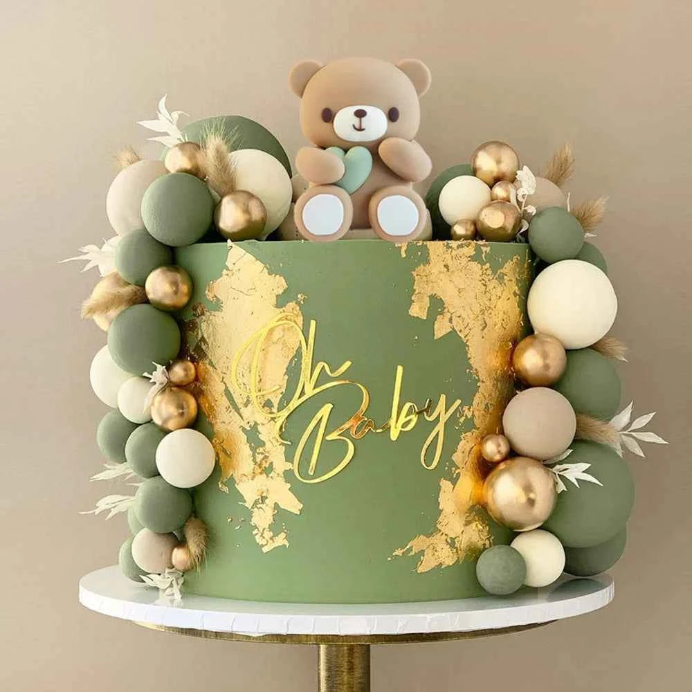 51Pcs Bear Cake Toppers Gold Green Cake Topper Balls for Happy Birthday  Decoration Baby Shower Baptism Birthday Party supplies