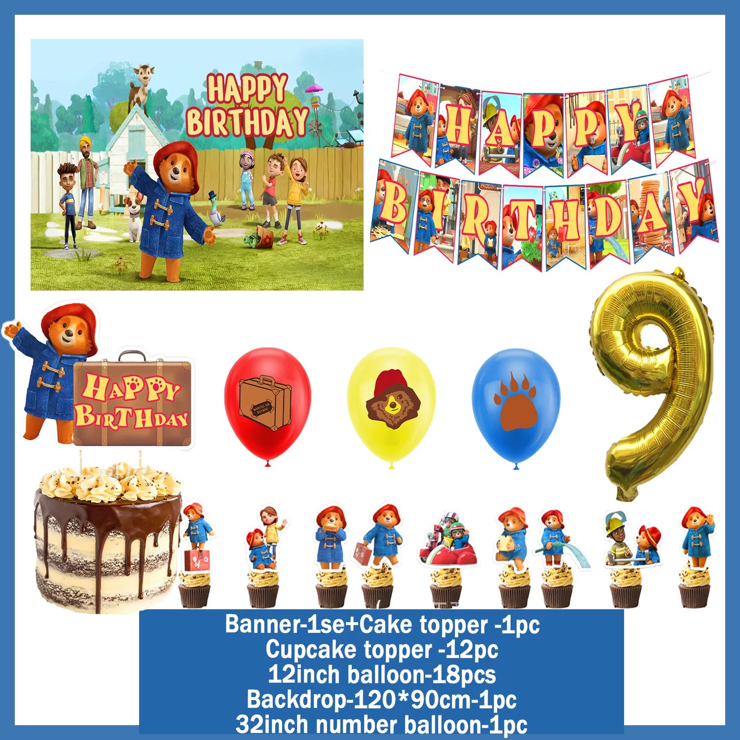 Cartoon&Paddingtons Party Supplies Happy Birthday Banner Bears Balloons Cupcake Toppers Backdrop Kids Birthday Baby Shower Gift