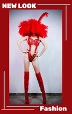 Hollow-Out Rhinestone Bodysuit & Feathered Layered Skirt Carnival Costume Set