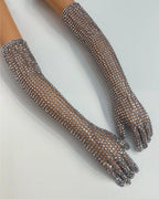 Luxury Full Rhinestones Mesh Long Gloves Women Singer Stage Performance Accessories Celebrity Prom Red Carpet Crystal Mittens