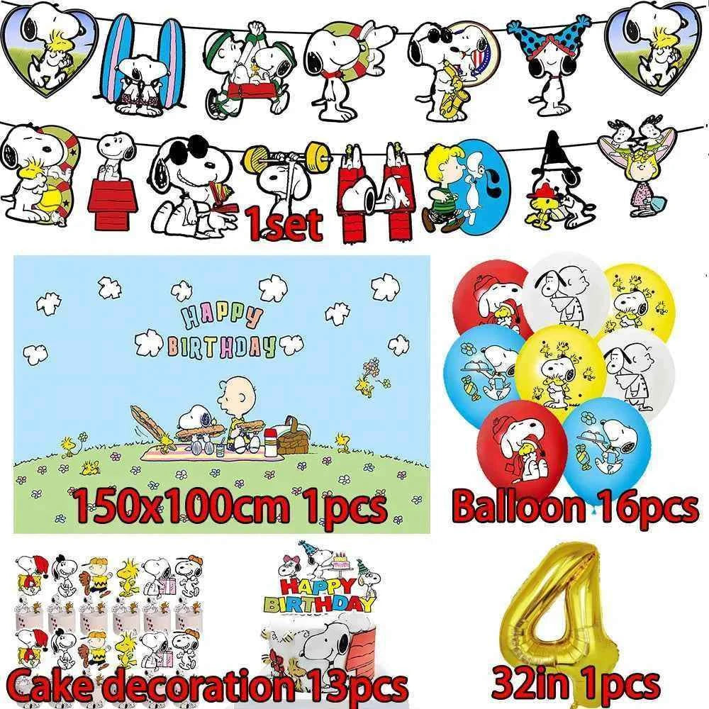 Cartoon Snoopys Birthday Decoration Set Banners Cake Toppers Balloons Backdrops Kids Birthday Gifts Baby Shower Party Supplies