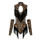Leopard Cutout Bodysuit & Fringe Sleeves 2-Piece Latin Ballroom Stage Costume Set