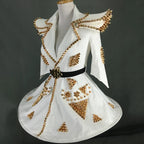 White Faux Leather Studded Stage Dress & Fluffy Skirt Pop Singer Costume Set