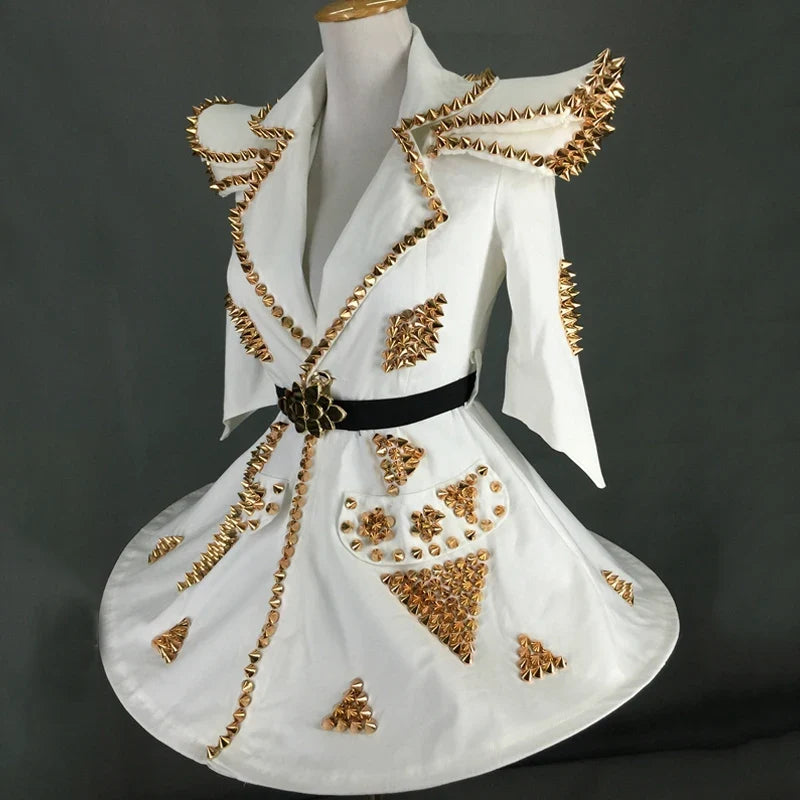 White Faux Leather Studded Stage Dress & Fluffy Skirt Pop Singer Costume Set