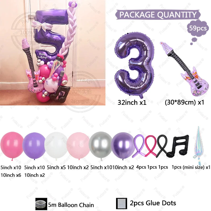 59pcs Guitar Balloon Purple Numbers 1-9 Birthday Balloon Set Music Theme Party Decoration Festival Photo Props Birthday Gift