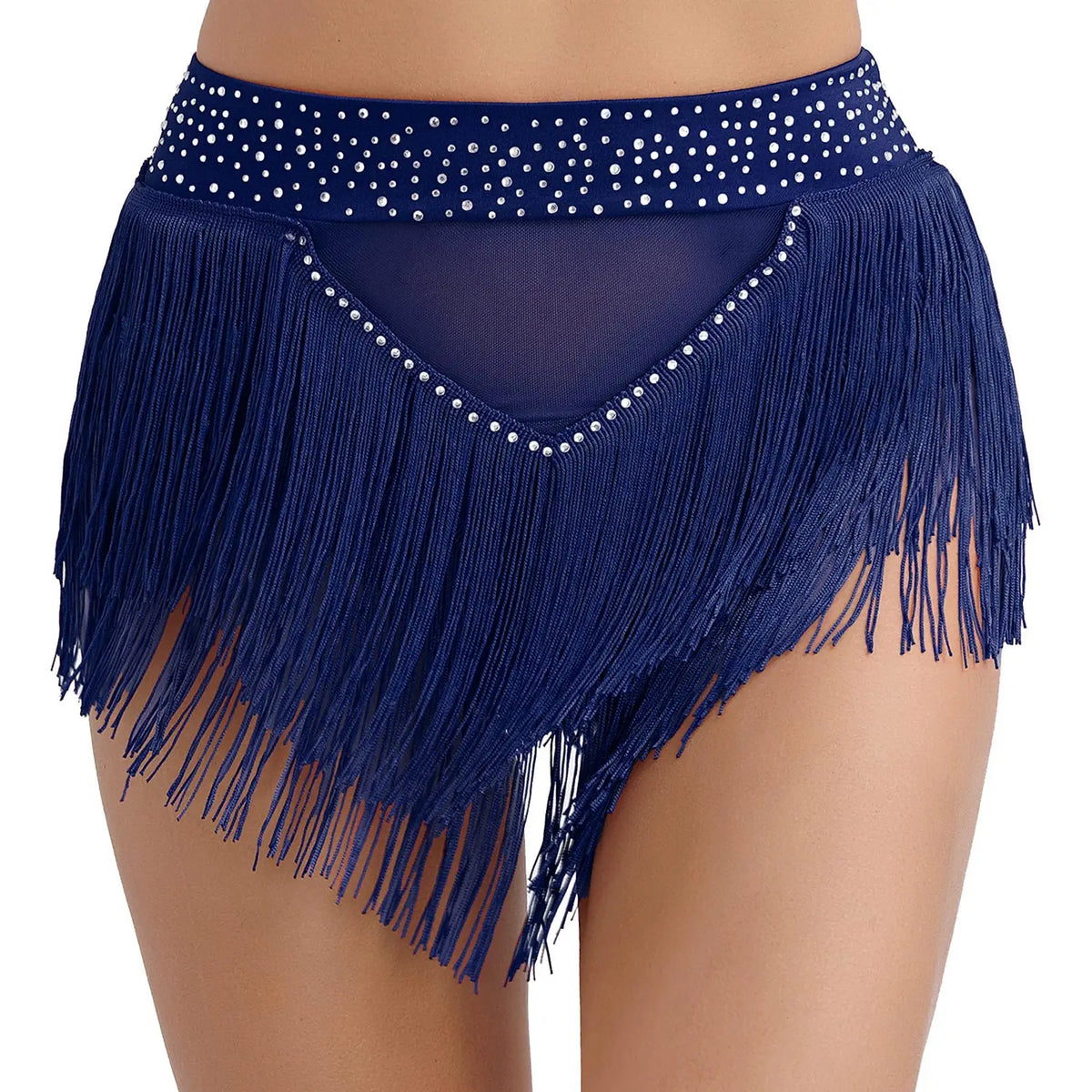 Rhinestone Tassel High-Waist Dance Shorts & Sheer Mesh Fringe Skirt