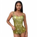 Gold Crystal Rhinestone Chain High-Cut Stage Performance Bodysuit Leotard