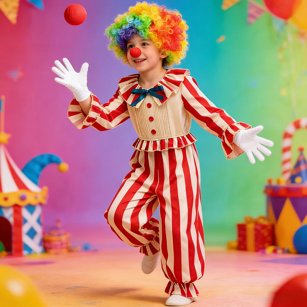 Kids Carnival Outfits Circus Clown Cosplay Costumes Boys Red Stripe Jumpsuits Birthday Dress Up Stage Magic Perform Clothing - Big Tim's Magic Emporium