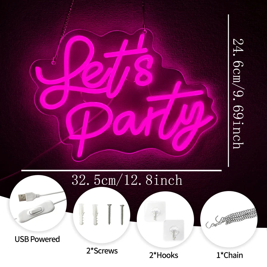 Let's Party Neon Sign for Wall Decor,LED Lights for Bachelorette Party, Engagement Party, Birthday Party,Gamer Room Decor - Big Tim's Magic Emporium