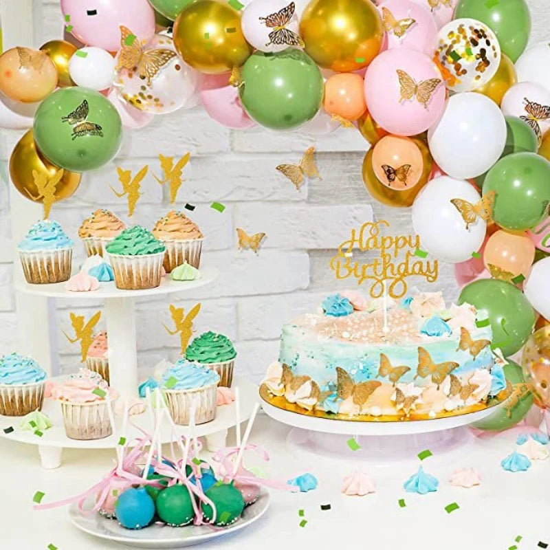129Pcs A set of fairy tale themed birthday party balloon decoration set with 3D three-dimensional golden butterfly stickers