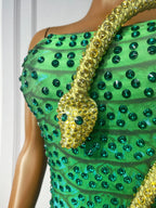 Emerald Snake Rhinestone Illusion Strapless Gown Sculpted Serpent Floor-Length Evening Dress