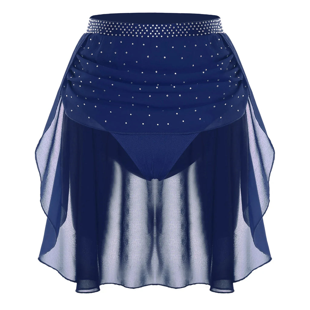 Womens Modern Lyrical Dance Skirt Performance Costume Sparkly Rhinestone Irregular Chiffon Hem Built-in Briefs Skirt Dancewear