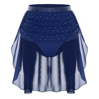 Womens Modern Lyrical Dance Skirt Performance Costume Sparkly Rhinestone Irregular Chiffon Hem Built-in Briefs Skirt Dancewear