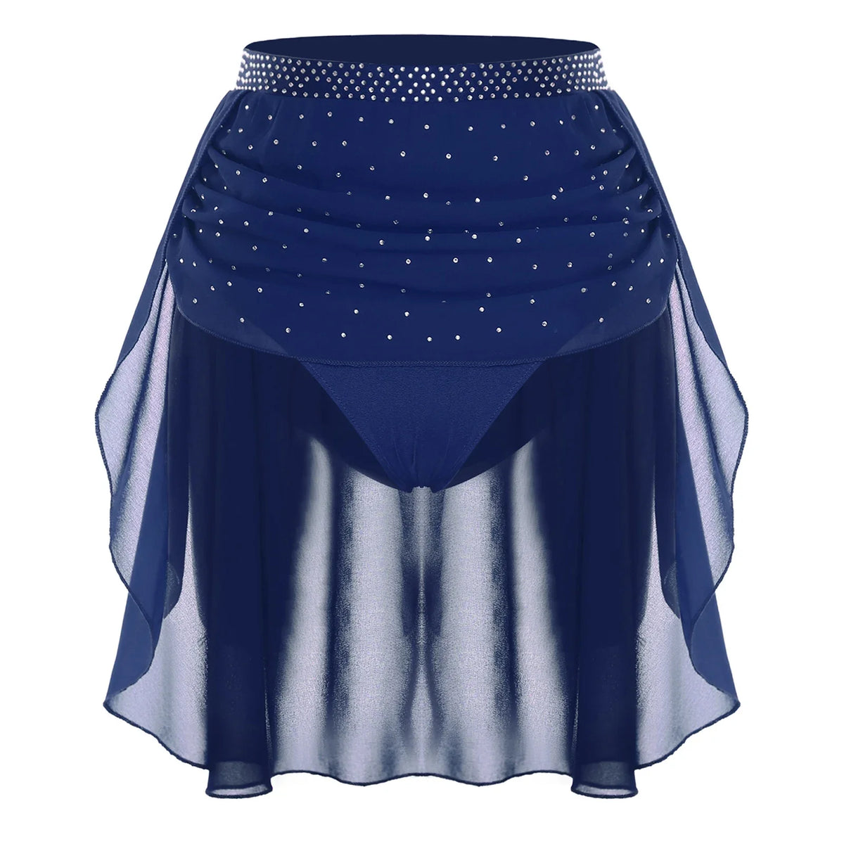 Womens Modern Lyrical Dance Skirt Performance Costume Sparkly Rhinestone Irregular Chiffon Hem Built-in Briefs Skirt Dancewear