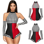 Circus Harlequin Clown Plaid Halter Bodysuit & Arm Sleeves 2-Piece Cosplay Costume Set