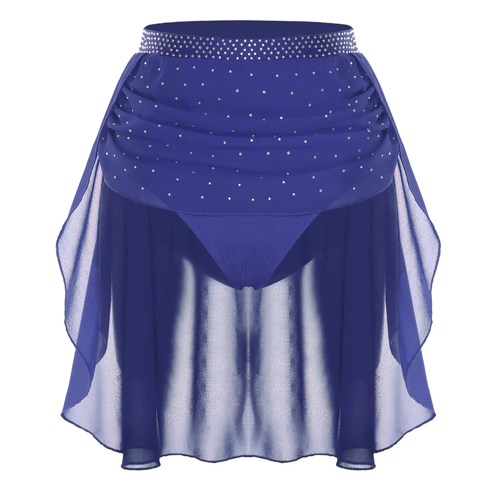 Womens Modern Lyrical Dance Skirt Performance Costume Sparkly Rhinestone Irregular Chiffon Hem Built-in Briefs Skirt Dancewear