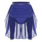 Womens Modern Lyrical Dance Skirt Performance Costume Sparkly Rhinestone Irregular Chiffon Hem Built-in Briefs Skirt Dancewear