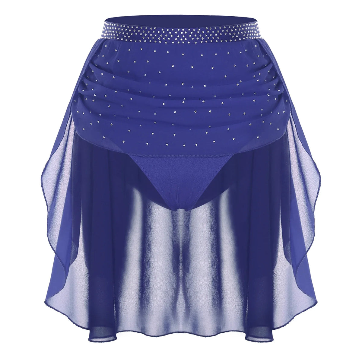 Womens Modern Lyrical Dance Skirt Performance Costume Sparkly Rhinestone Irregular Chiffon Hem Built-in Briefs Skirt Dancewear