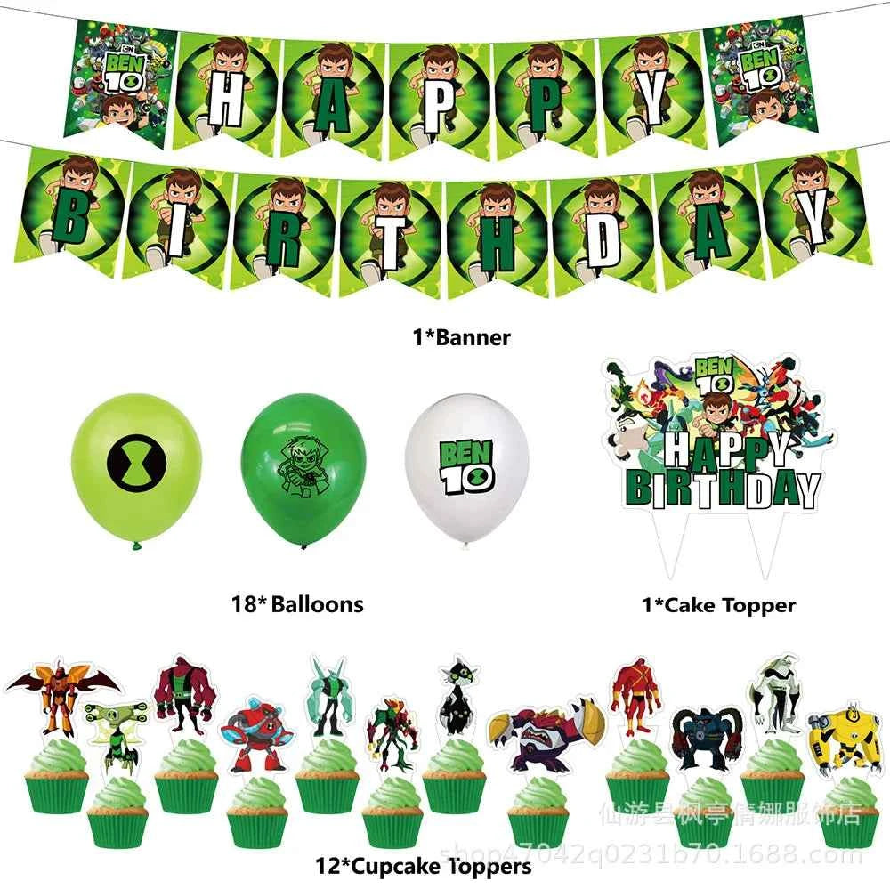 Cartoon Ben-10 Birthday Party Decoration Balloons Favor Set Banner Cake Toppers Baby Shower Boys Gift Party Supplies Photo Prop